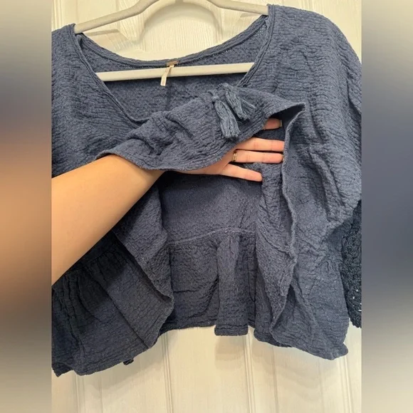 Free People Gauze Sweet Talker Top Women's Boho Peasant Blouse Navy Size Small - Picture 8 of 14